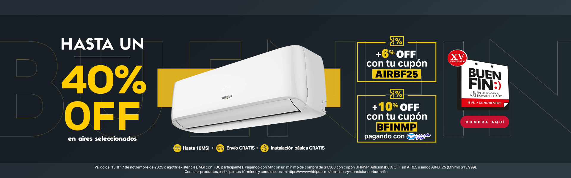 Ofertas aires acondicionados Whirlpool Buen Fin 2025